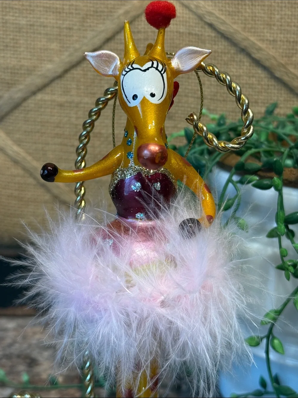 Gold and Pink Giraffe Ornament with Feather Skirt